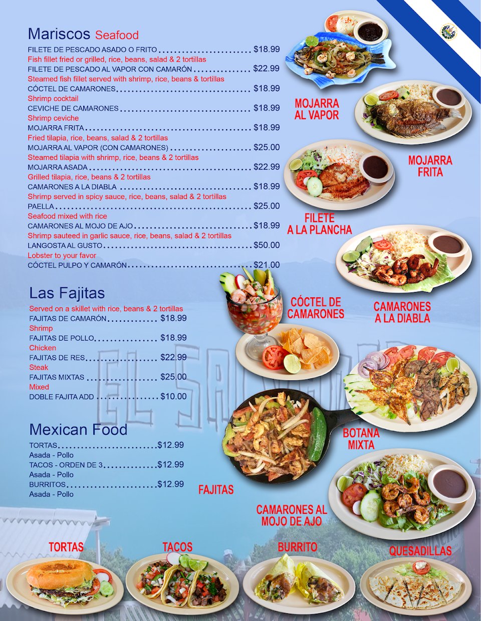 Printed menu beside a casual Salvadoran cafe setting.